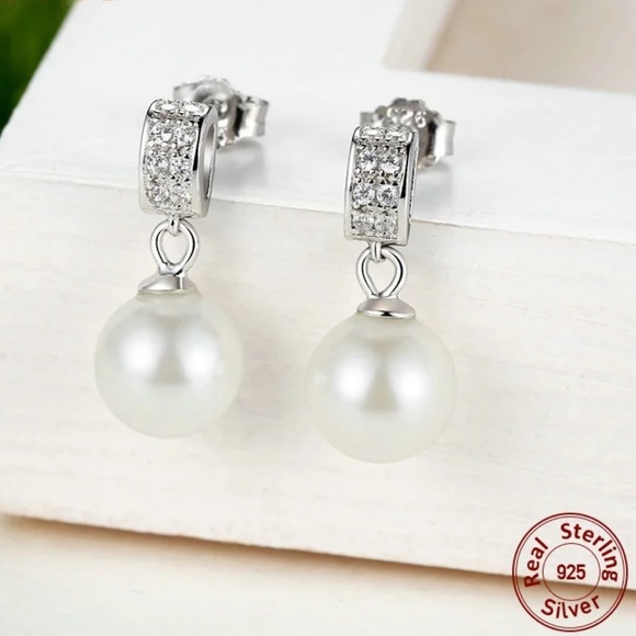 Sterling Silver Pearl Drop Earrings - Picture 7 of 8